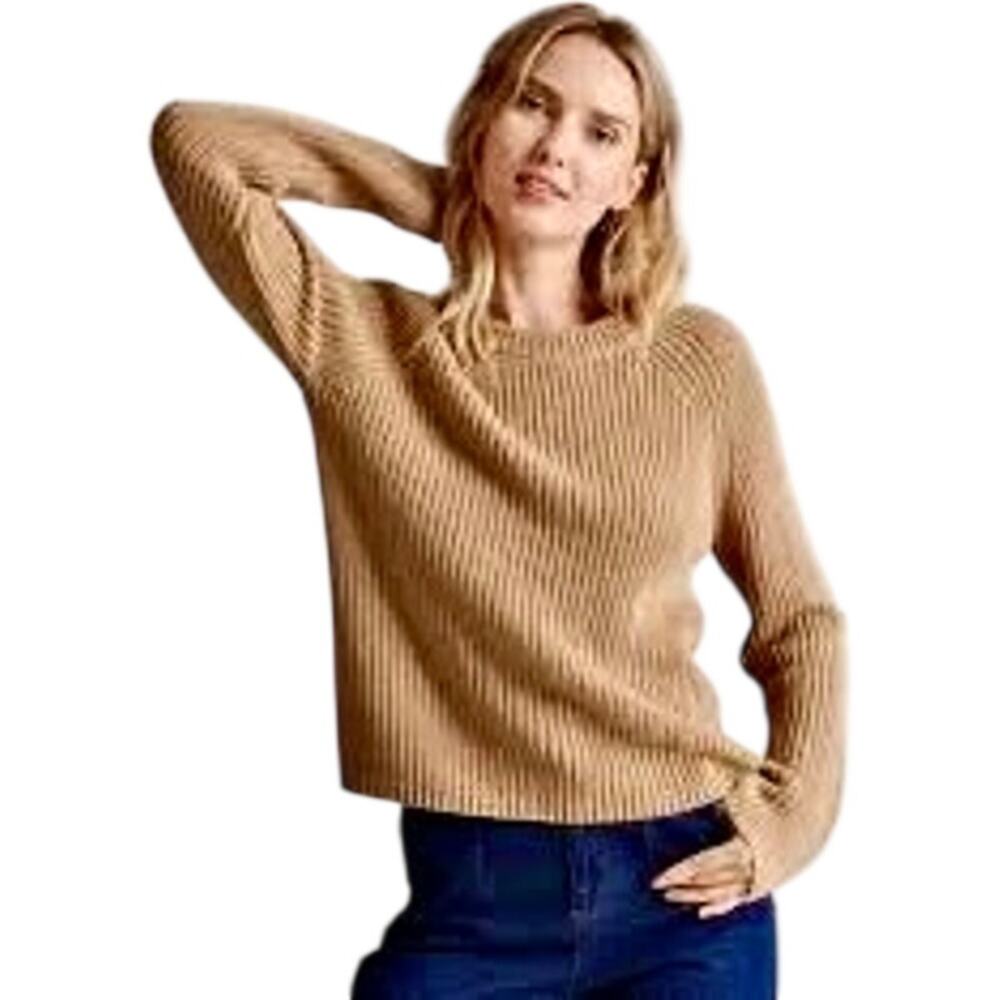 QUINCE Tan 100% Organic Cotton Shaker Knit Fisherman Sweater Crewneck Pullover M